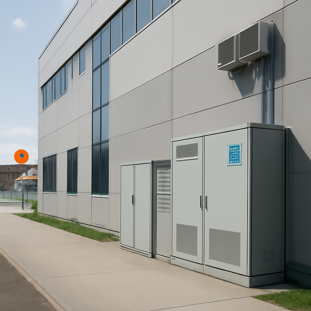 Modern office building exterior with subtle tech features and Shell fuel station.