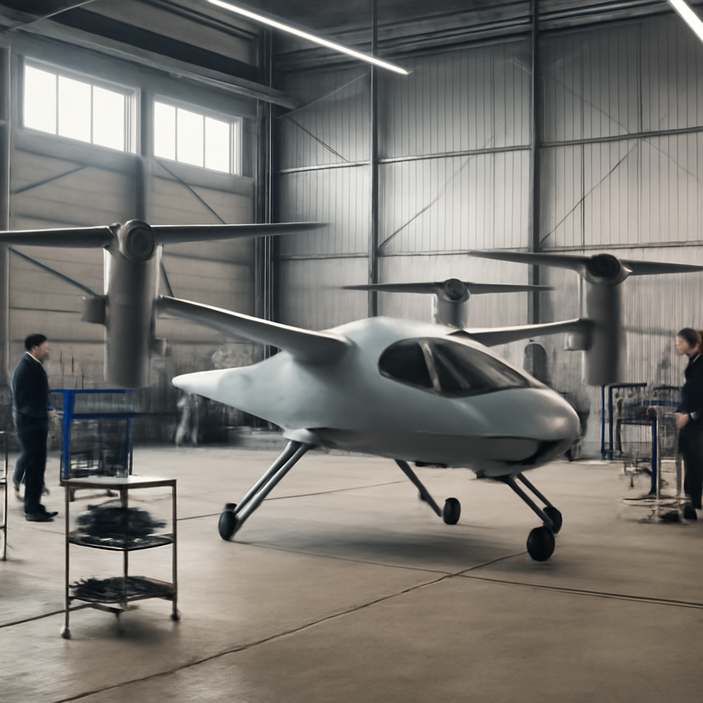 Partially-assembled X-BAT VTOL drone in a hangar with technicians and development equipment.