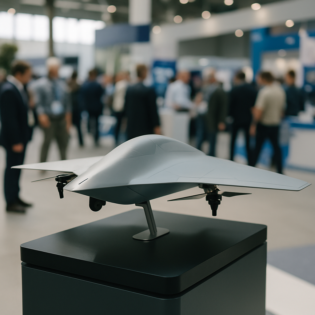 Autonomous VTOL fighter drone model on display at defense exhibition.