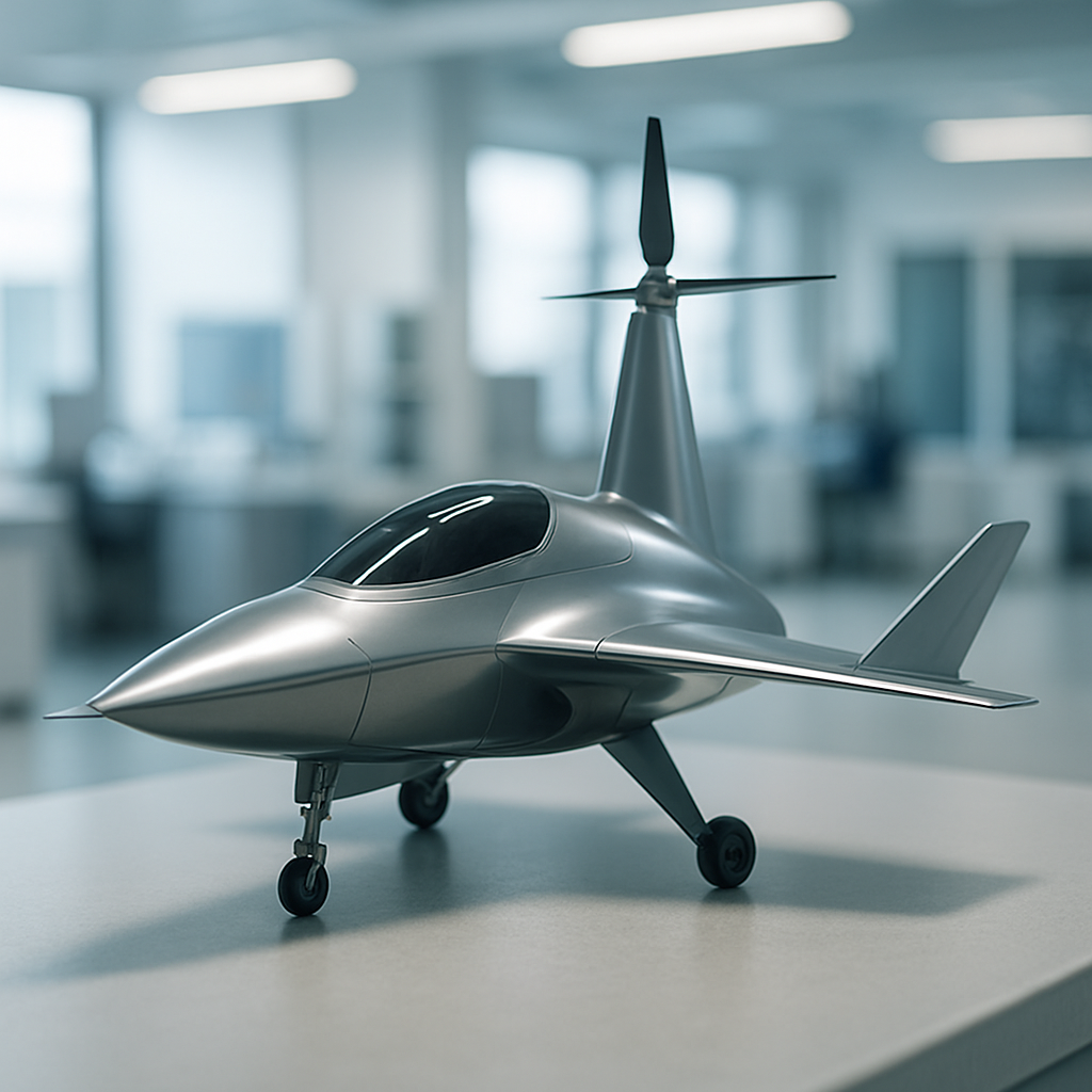 Sleek, futuristic drone resembling a small fighter jet on a laboratory bench with blurred background.