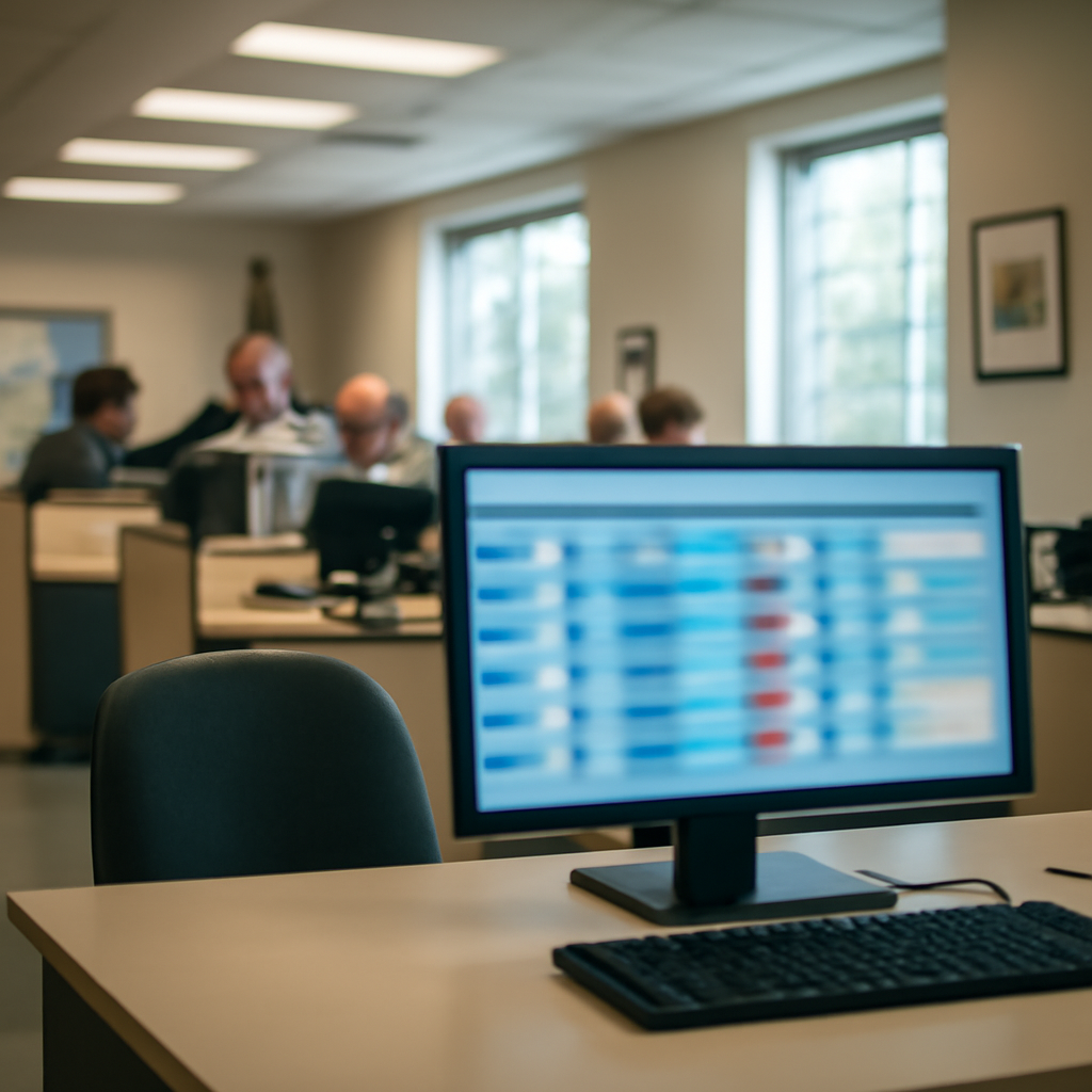 Government office interior with computer screen displaying abstract database representation.