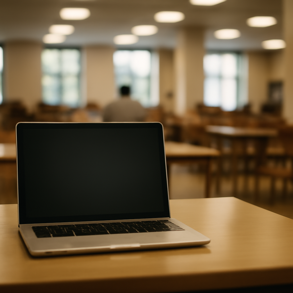 Laptop on a cluttered student desk with a blurred screen.
