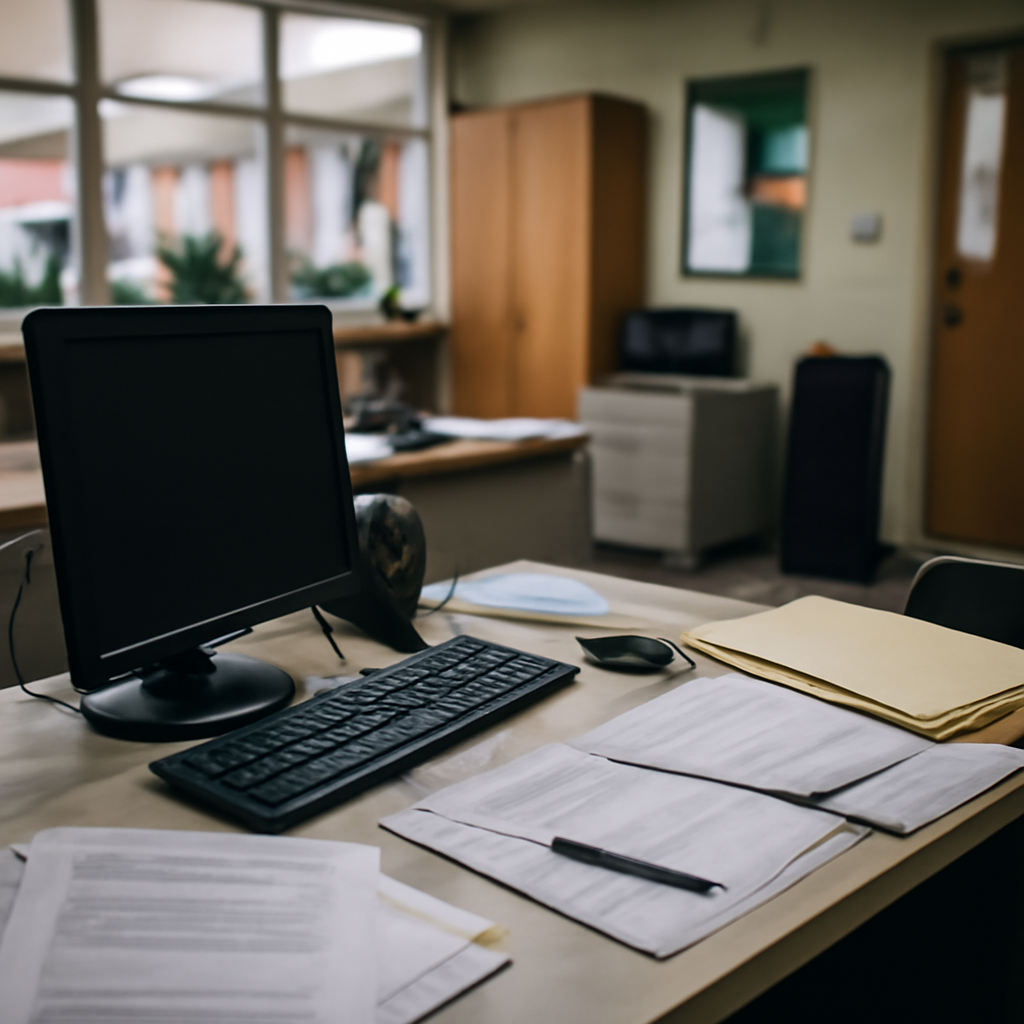 School office with computer workstation and papers, blurred cityscape in background.