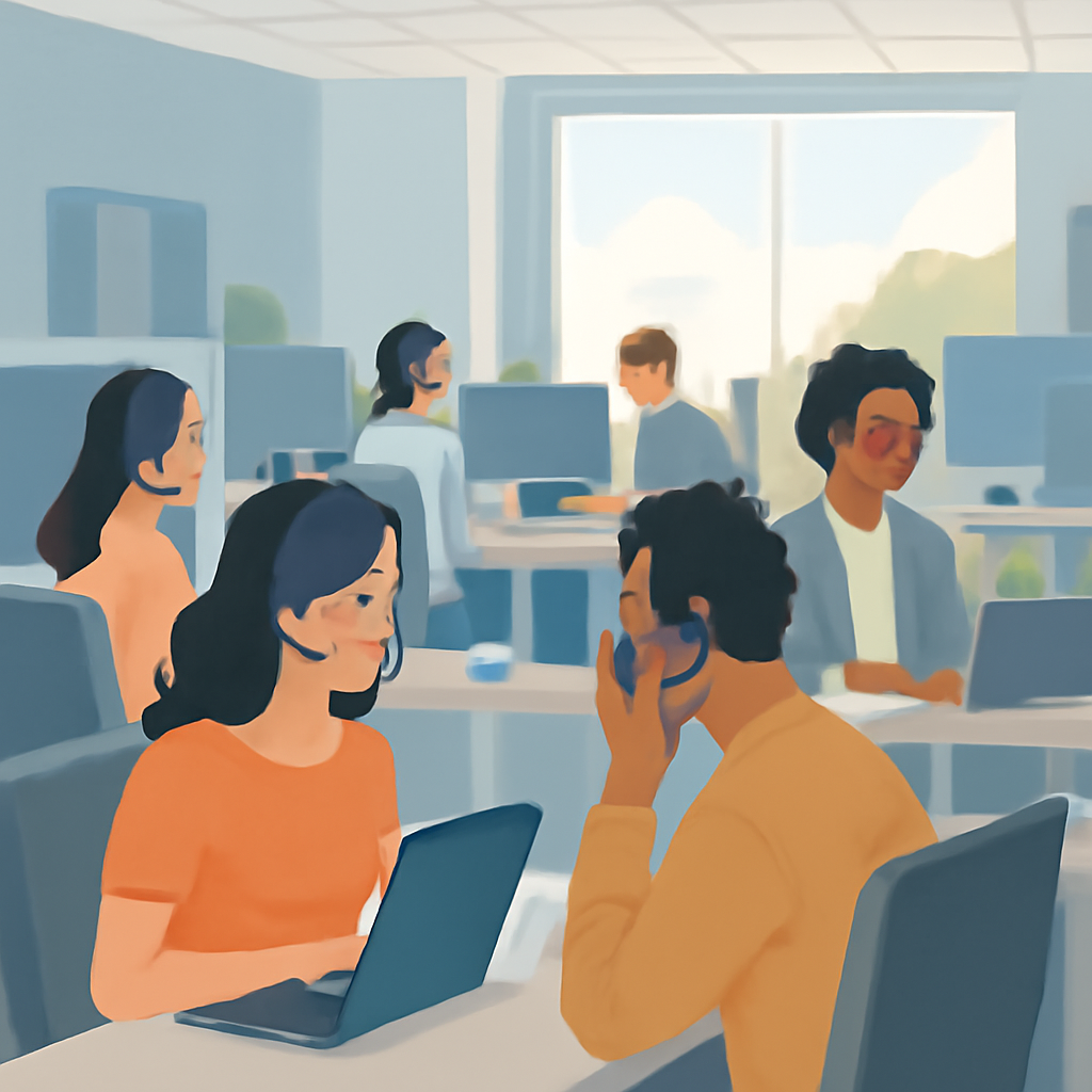 Employees work at desks in a modern, brightly-lit office setting with laptops and phones.