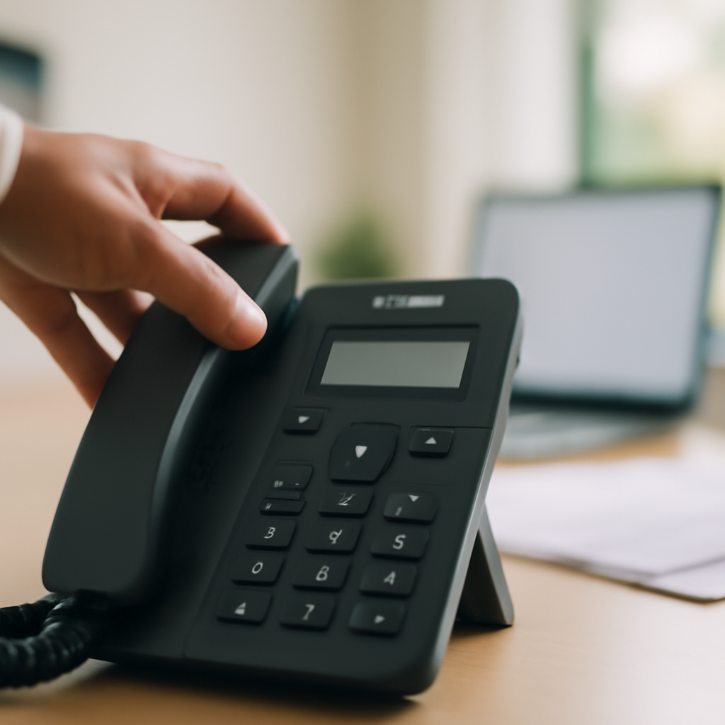 Hand reaches for RingCentral office phone on a desk in a brightly-lit workspace.