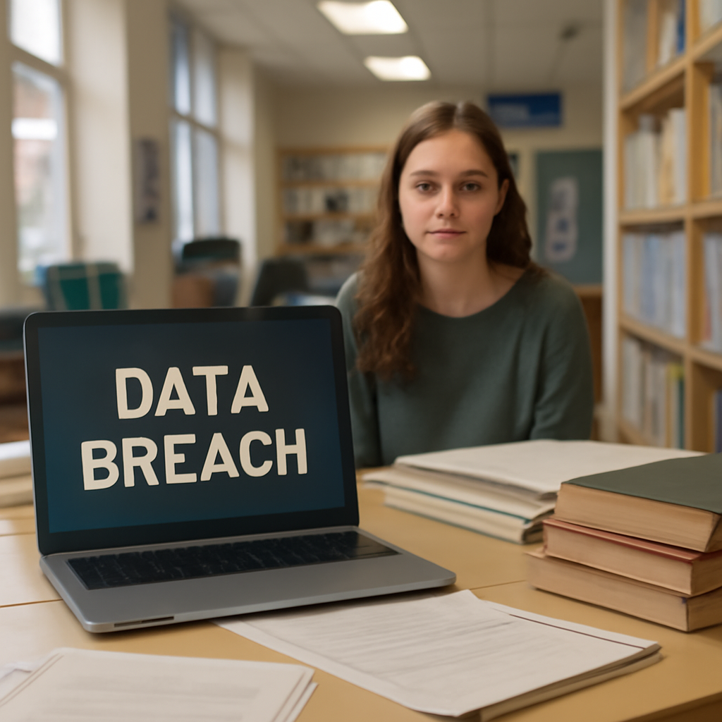 College setting with laptop on a desk, hinting at vulnerability.