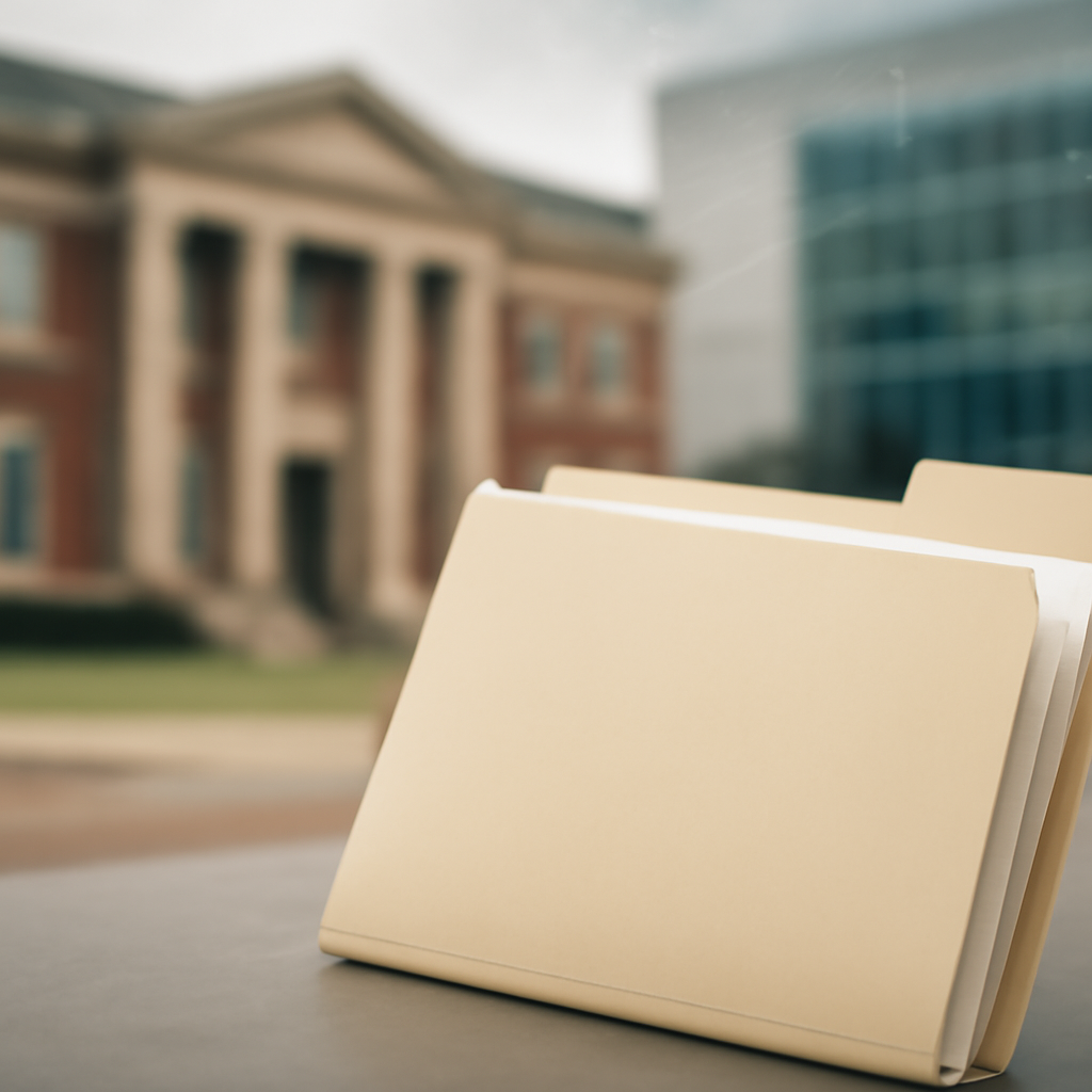 Blurred university building with subtle digital elements hinting at cyber breach.