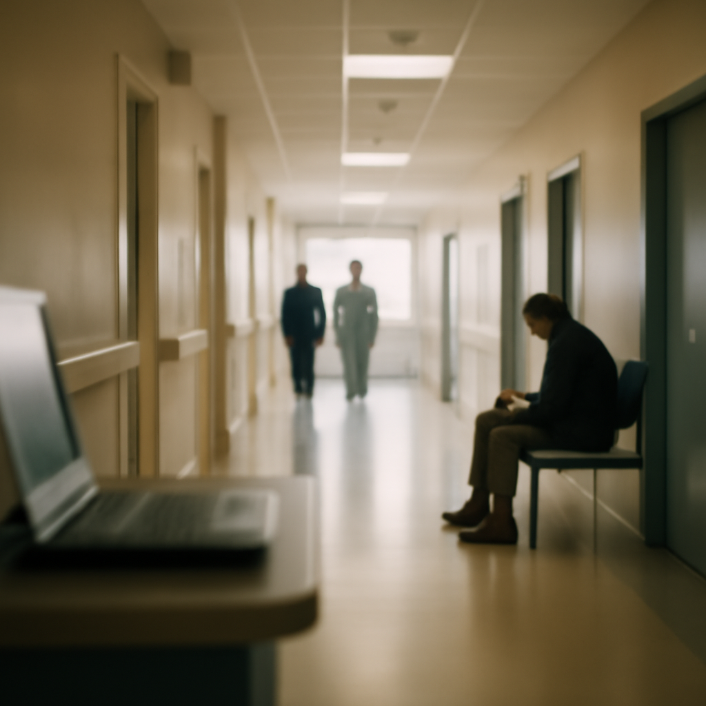 Hospital corridor with people walking and sitting, medical devices in background.