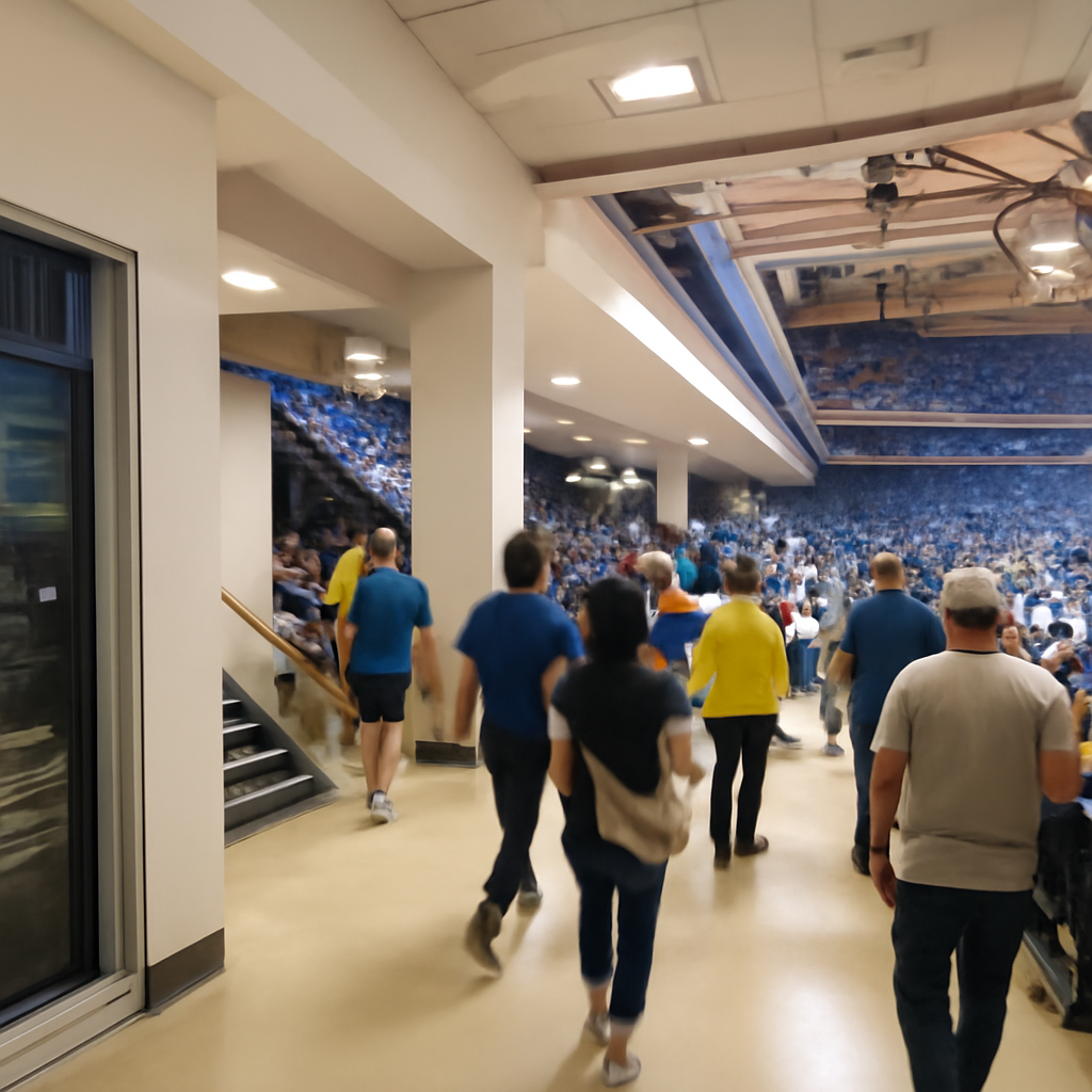Crowded sports arena with spectators and staff, subtle tech infrastructure in background.