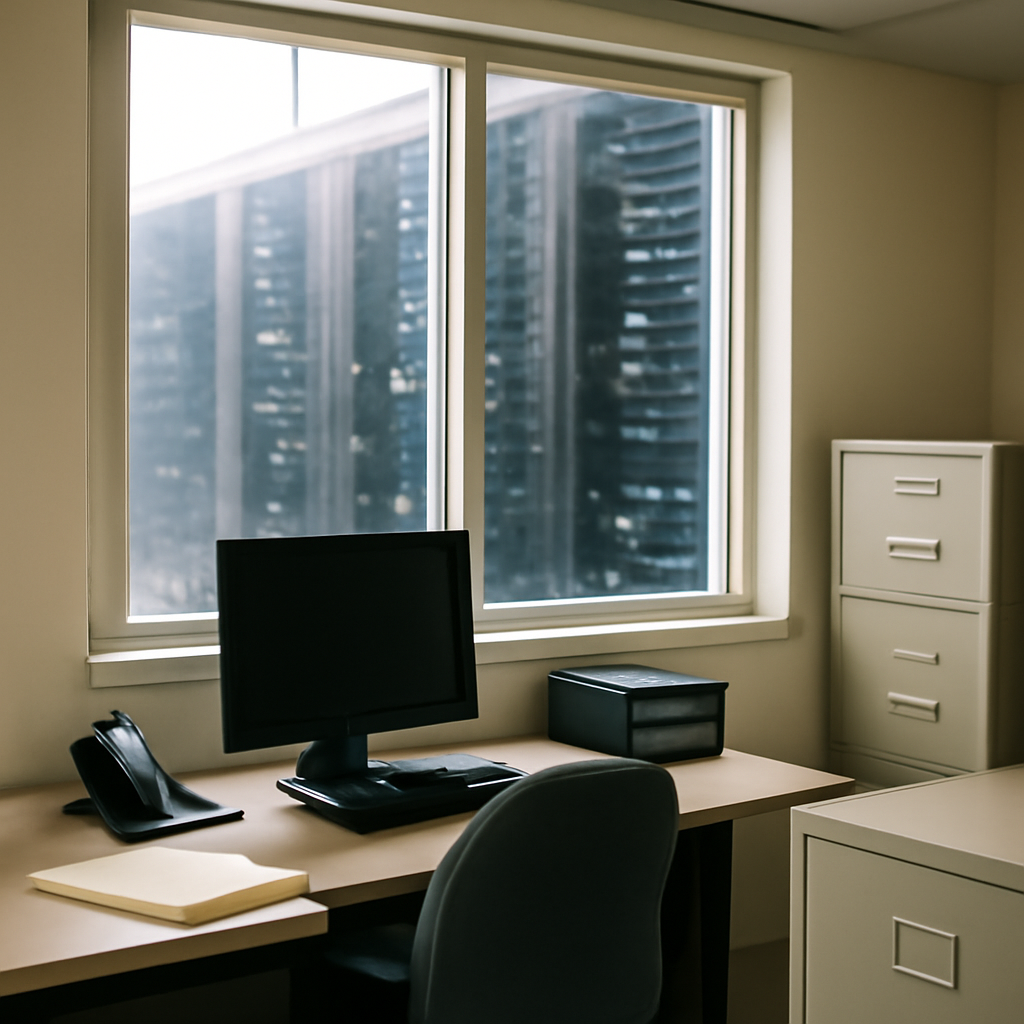 Brightly-lit office setting with a large window and subtle tech hint.