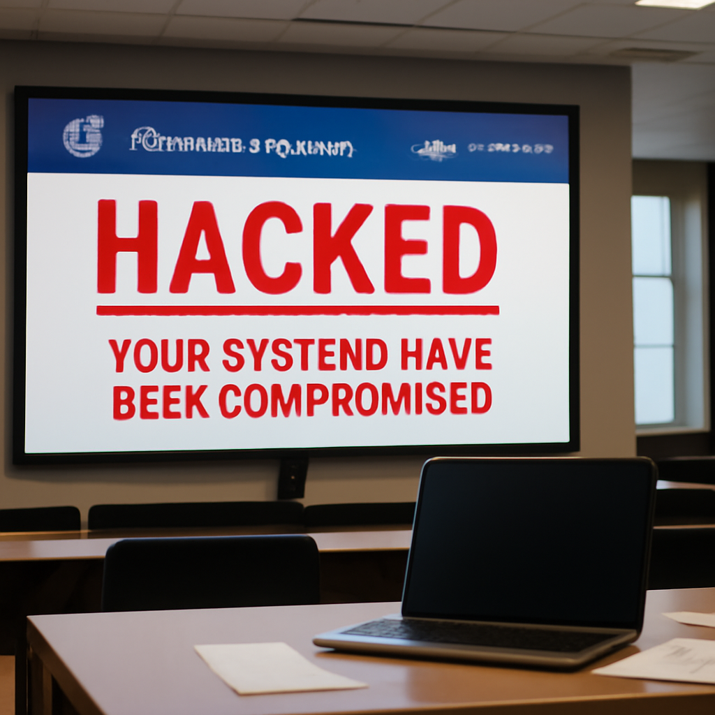 Defaced government website on large screen in office with laptop and papers nearby.