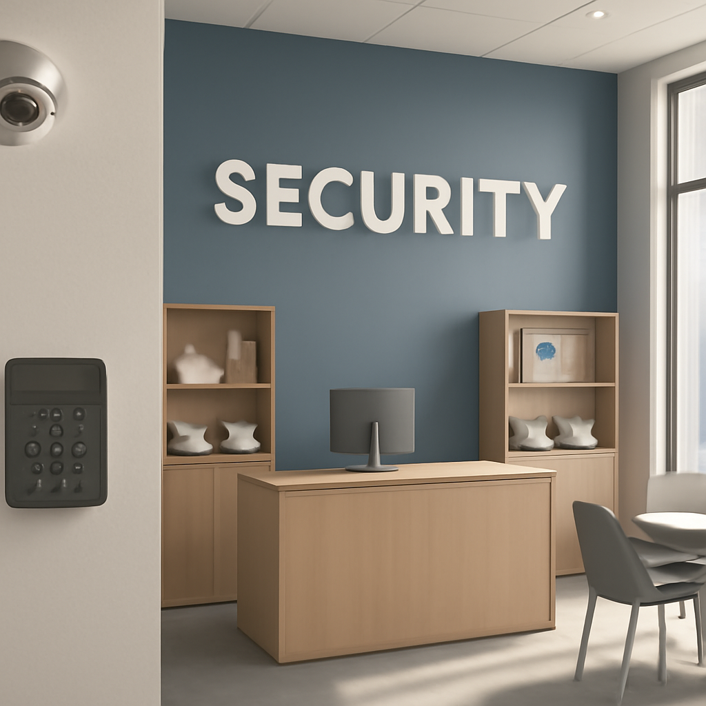 Well-lit security storefront with slightly askew camera panel.