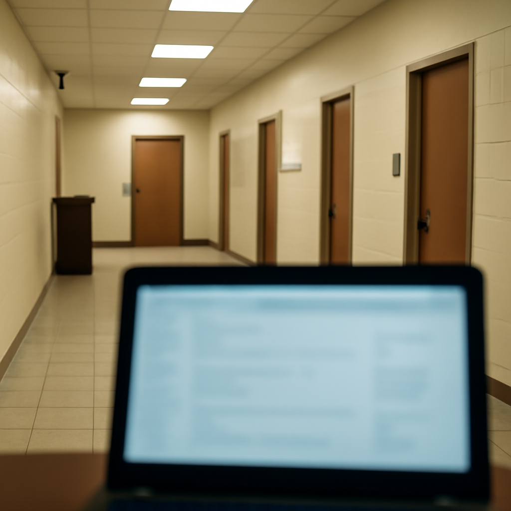 A brightly-lit institutional hallway with subtle security presence and a laptop in the foreground.