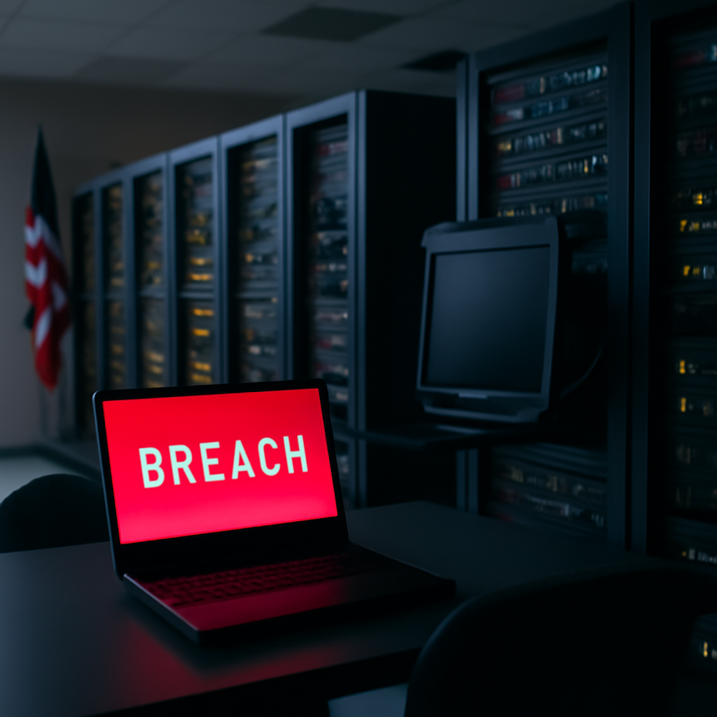 Dimly lit server room with rows of computer equipment, symbolizing a breached government IT infrastructure.