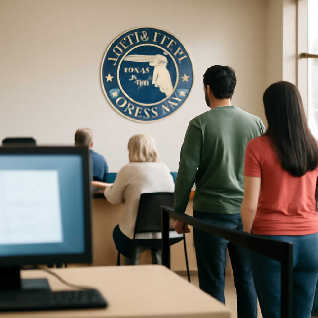 Florida DMV office interior with people waiting and a blurred computer screen in the background.