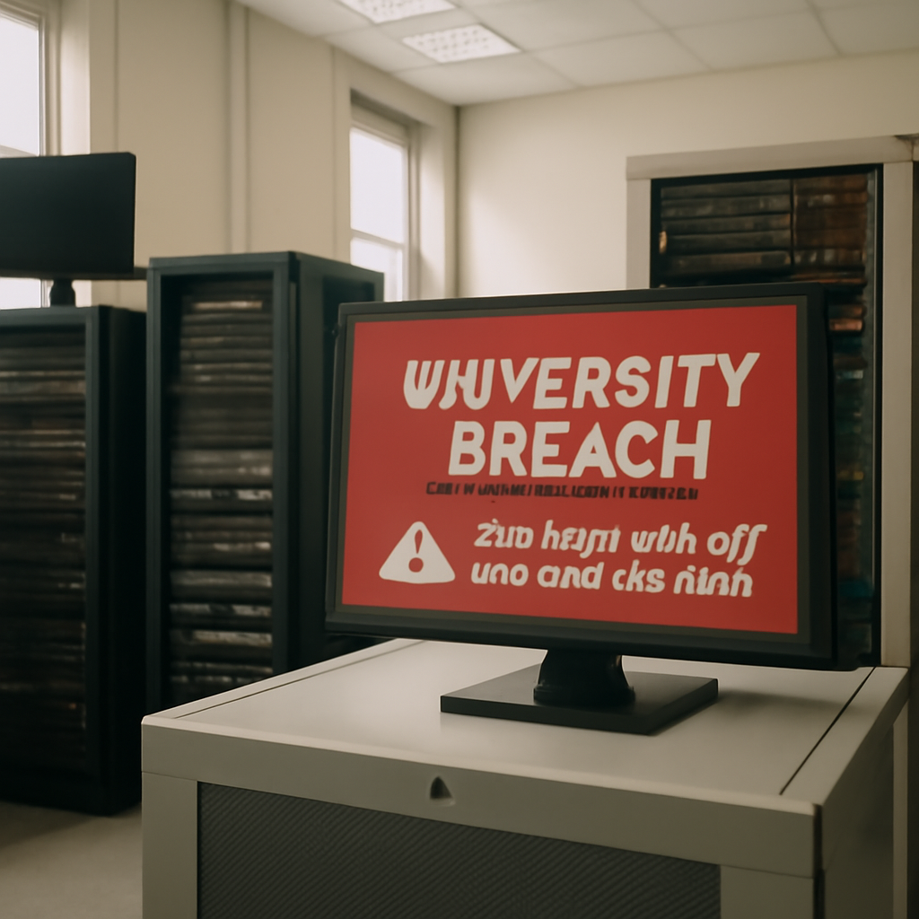 University server room with exposed networking equipment, hinting at a cyber breach.