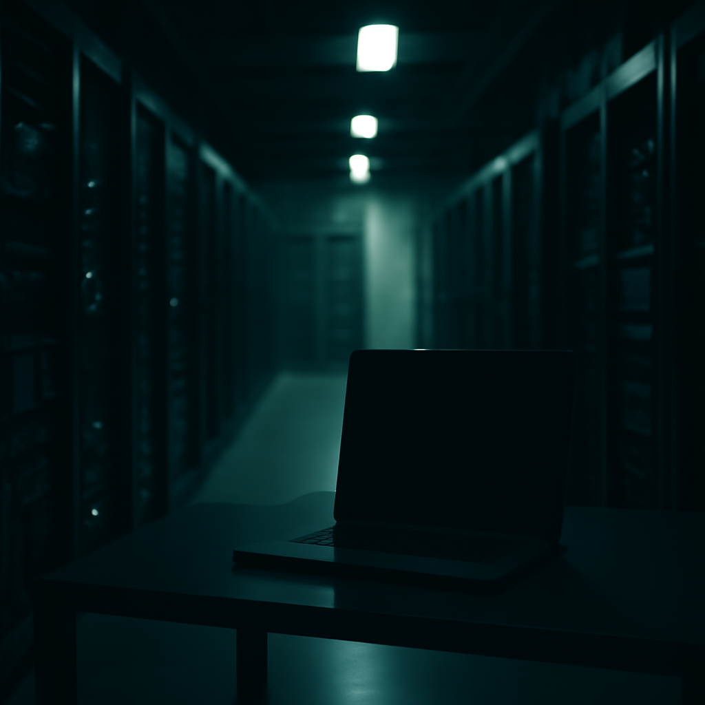 Darkened server room corridor with rows of computer equipment and storage systems under soft ambient lighting.