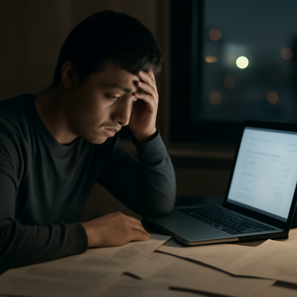 Person sits at dimly lit desk, looking concerned at laptop screen with blurred email inbox.