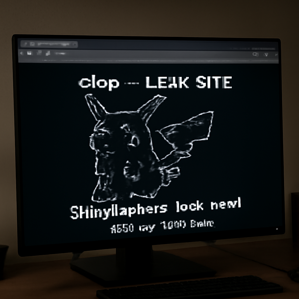 Dark web leak site on a computer screen displays defaced Clop ransomware page with Pokémon ASCII art and a message claiming…
