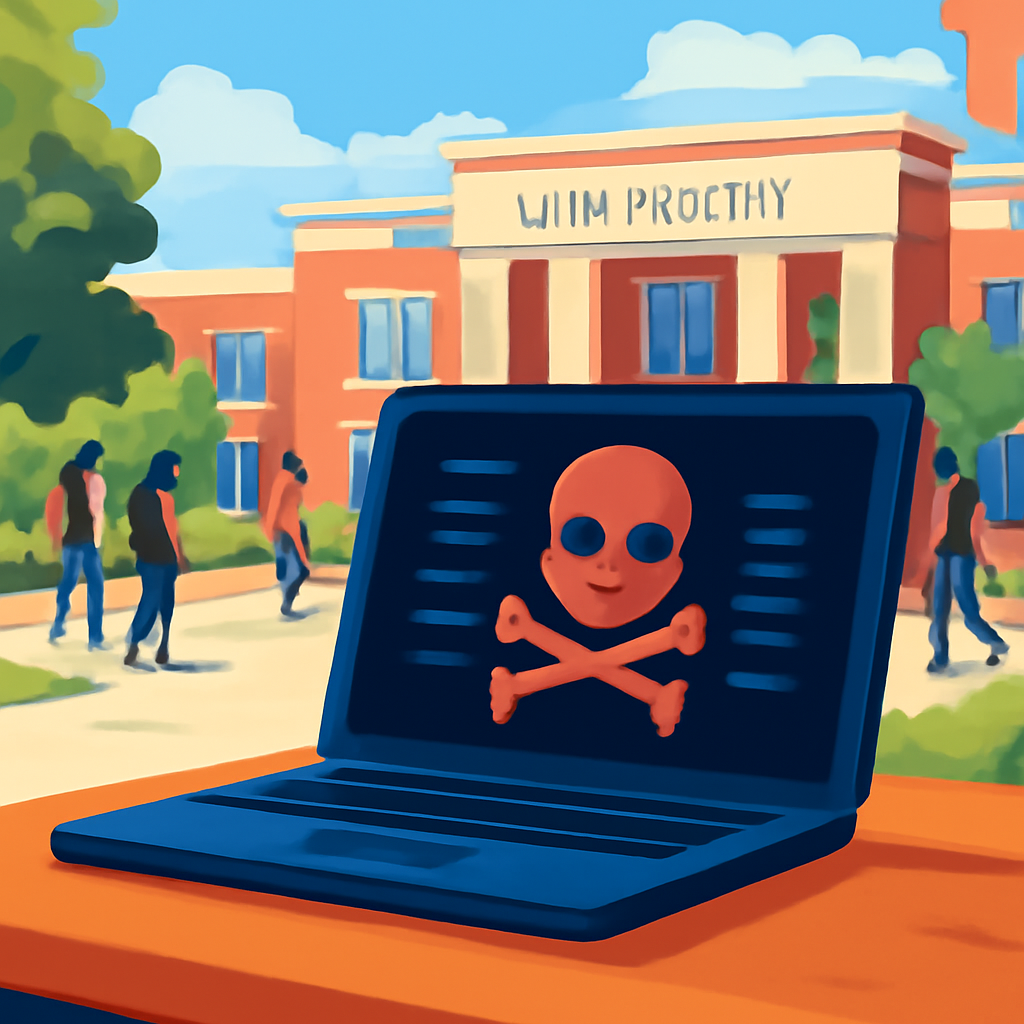 University campus scene with administrative building, people walking, and laptop on a table.