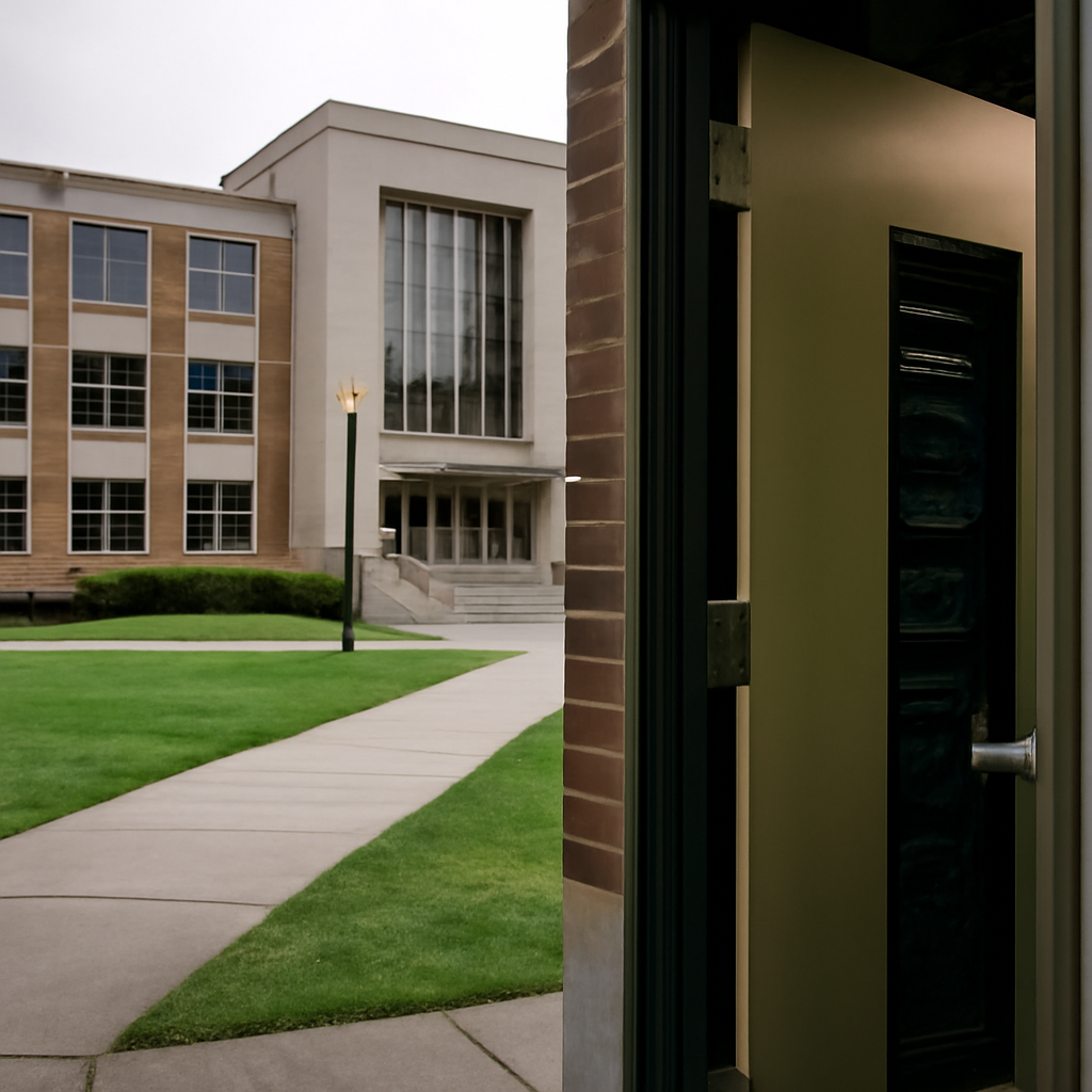 University building with modern architecture, slightly ajar door hinting at vulnerability.