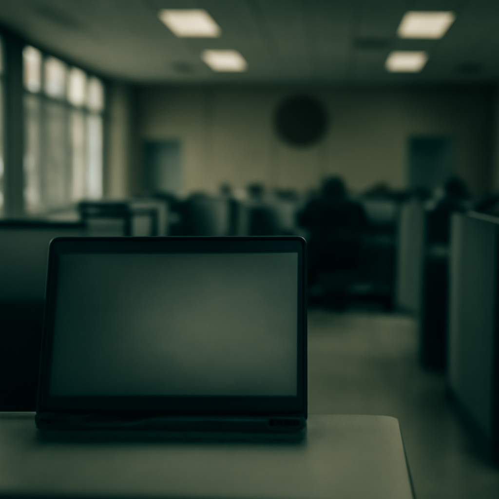 Softly lit office interior with rows of desks and a laptop in the foreground.