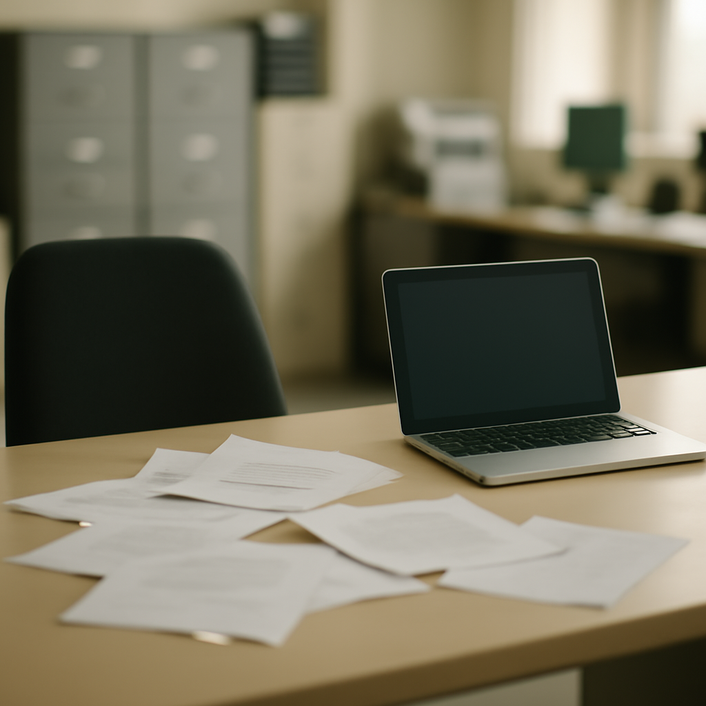 Office workspace with desk, laptop, and scattered papers, conveying sensitive information handling.