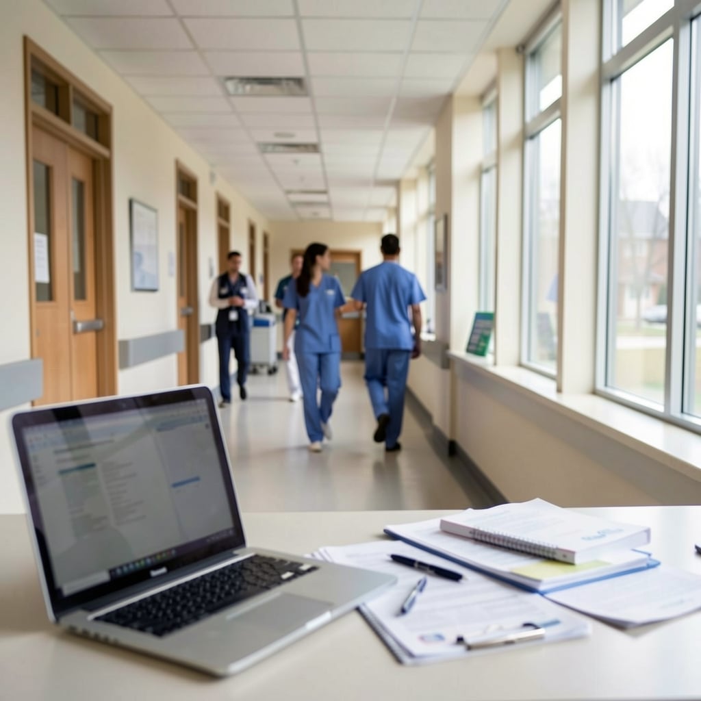 Hospital corridor with laptop and medical records on counter, hinting at potential data breach.