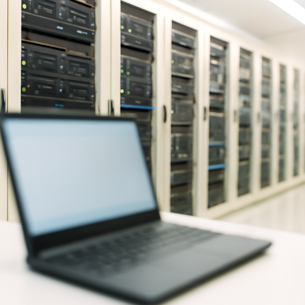 Rows of computer servers and equipment in a brightly-lit server room with a single out-of-focus laptop screen in the…