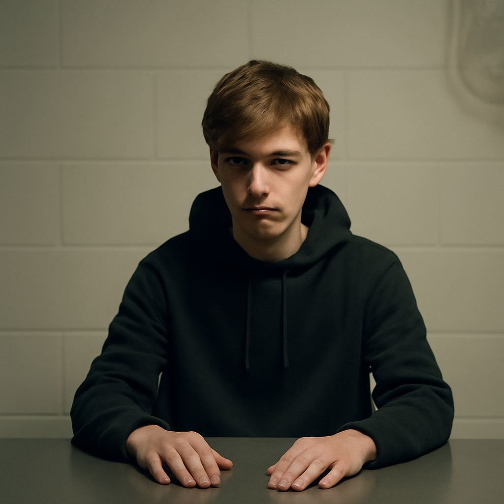 Teenager sits somberly in a dimly lit detention room with hands on a table.