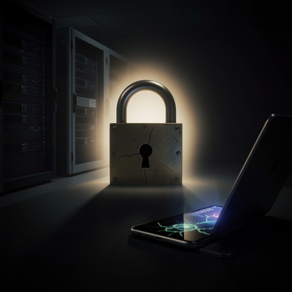 A cracked padlock surrounded by a halo of light sits atop a vulnerable laptop, set against a darkened server room backdrop.