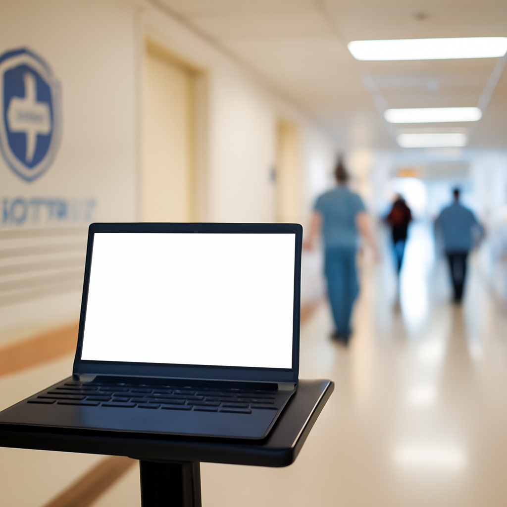 Hospital corridor with people walking, blurred logo, and laptop workstation.