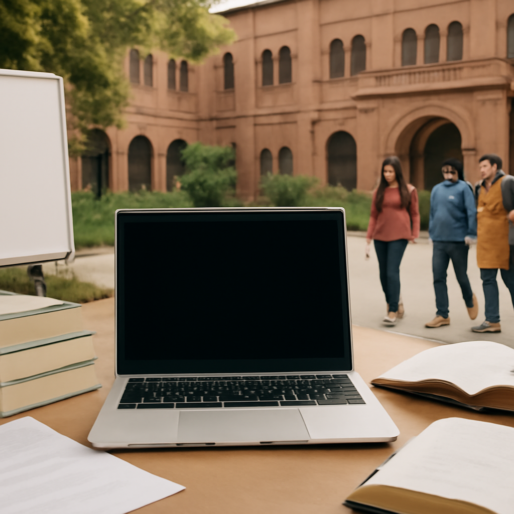 University library interior with students, laptop, and educational materials on a table.
