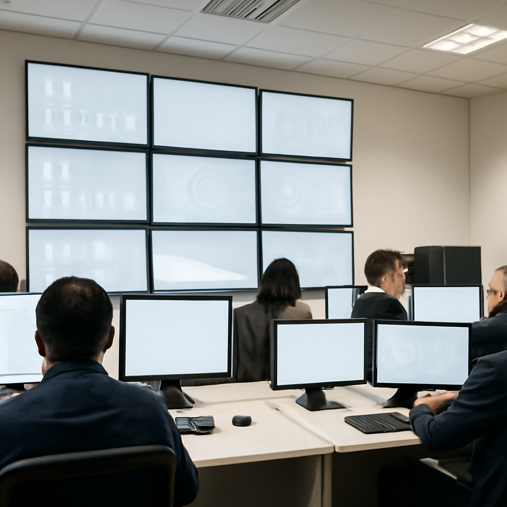Security analysts work at computer stations in a brightly-lit operations center surrounded by multiple screens displaying…