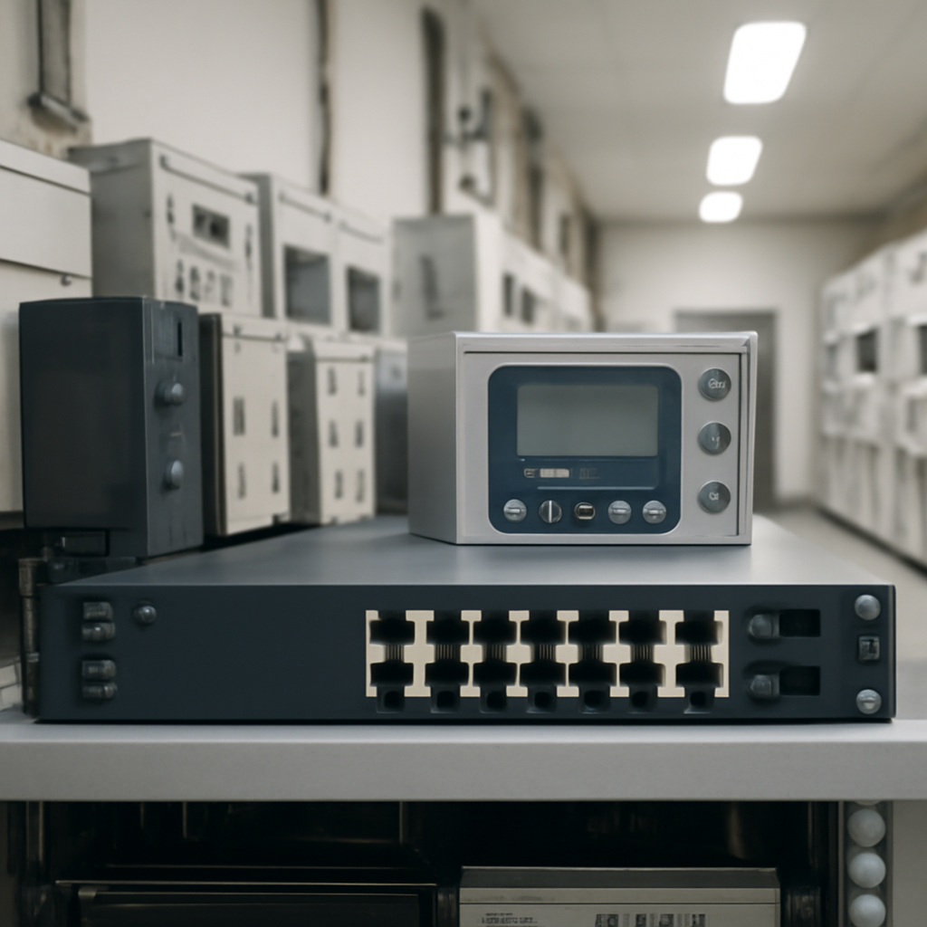 Industrial control equipment and network switch on a rack in a brightly-lit control room.