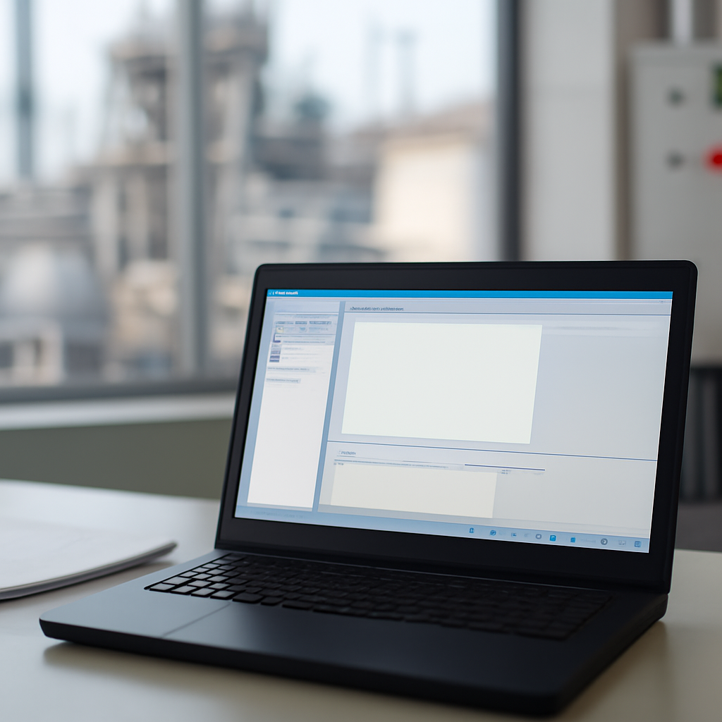 Laptop workstation in industrial setting with blurred cityscape background.