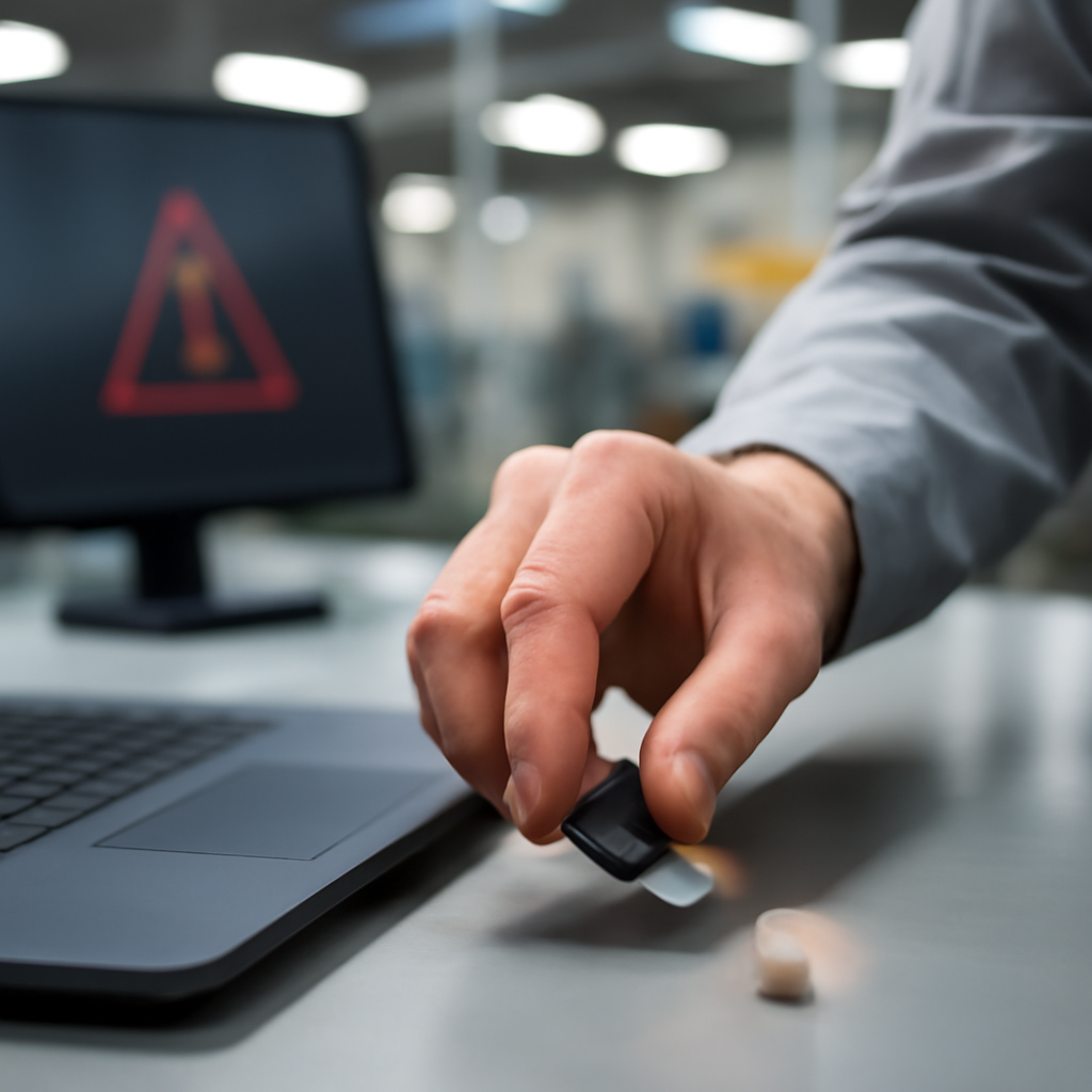 Person's hand holds USB drive near laptop with blurred screen in background.