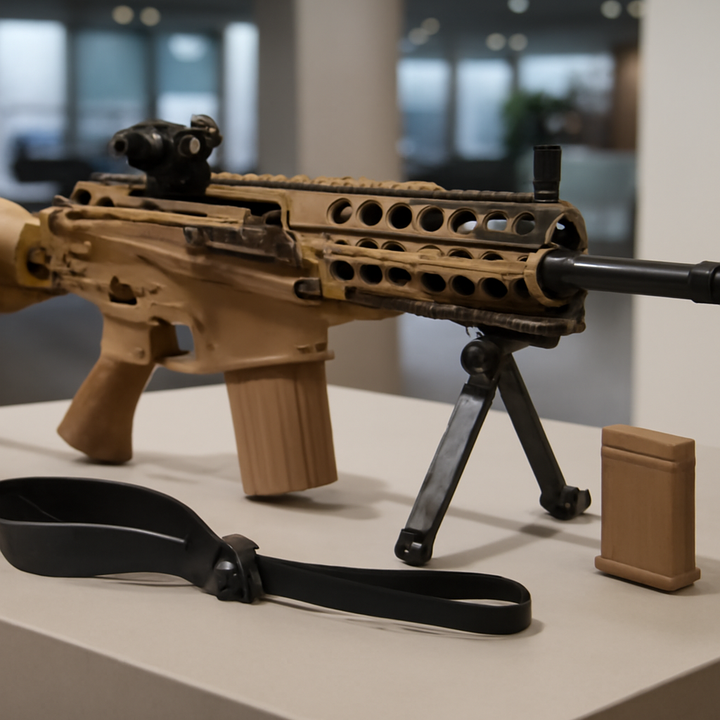 Sig Sauer M250 light machine gun on display with 13-inch barrel visible.