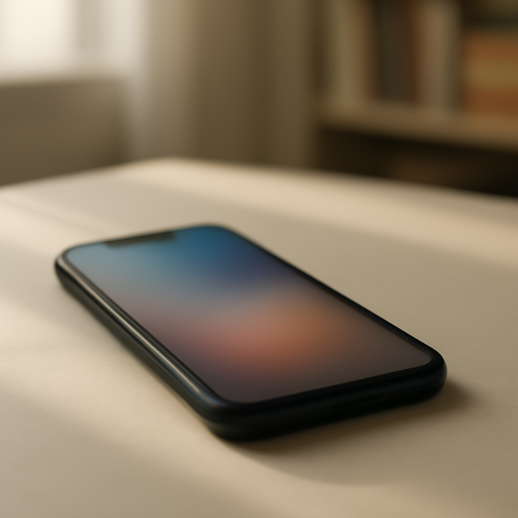 Smartphone on a clean surface with subtle shadows and a daytime indoor glow.