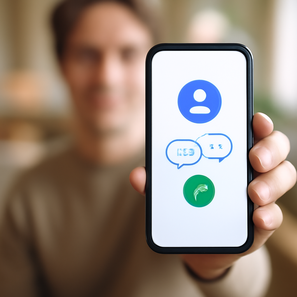 Person holding smartphone with Signal app showing verified contact profile.