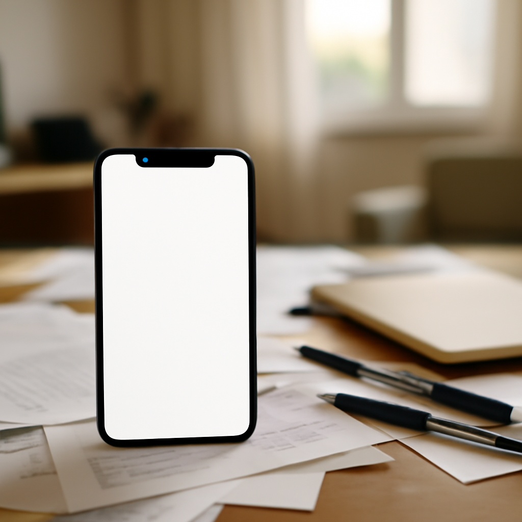 Smartphone with active camera and mic on cluttered home office desk.