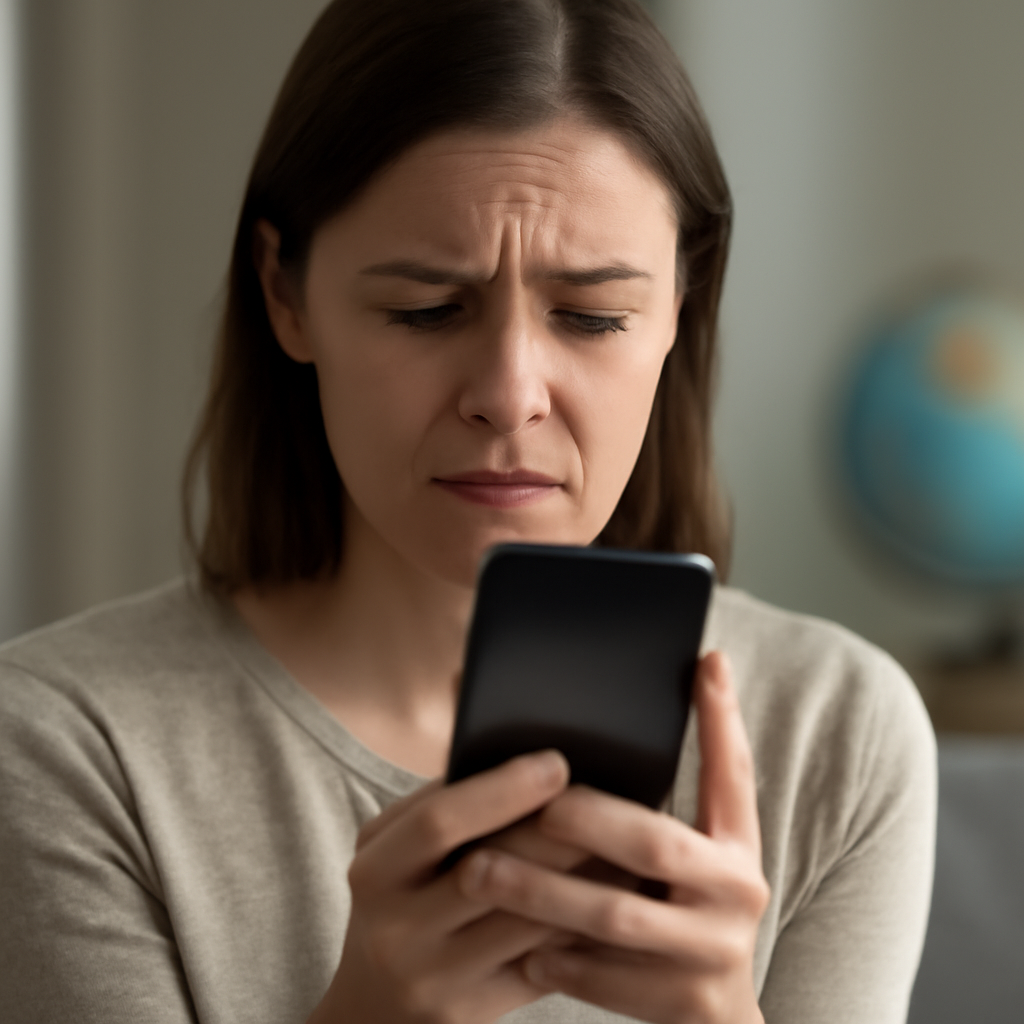 Person holds smartphone with blurred screen, showing concern in a neutral room with a subtle hint of a world globe in the…