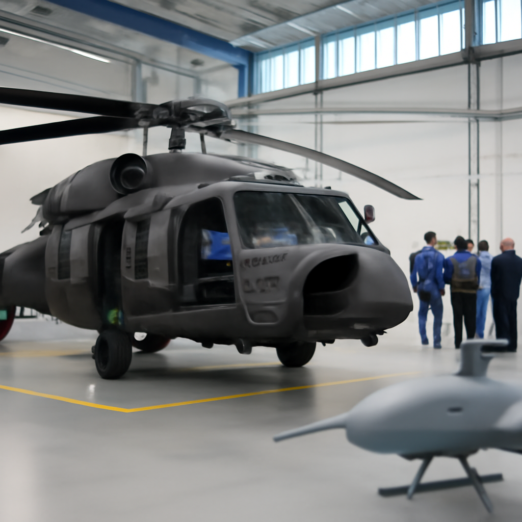 Sikorsky Black Hawk helicopter with engineers and drone on test pad.