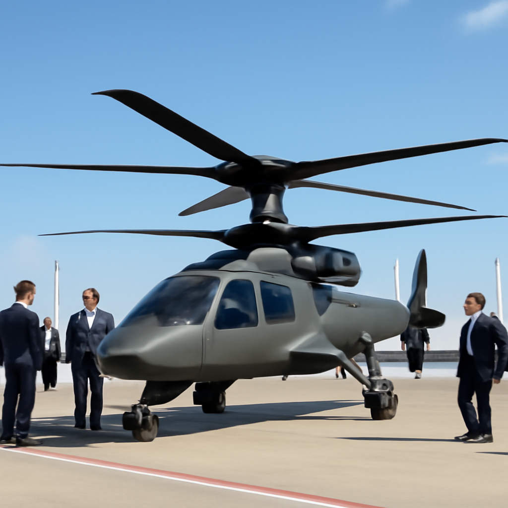 Sikorsky S-97 Raider rotorcraft on display at airshow with people and banners.