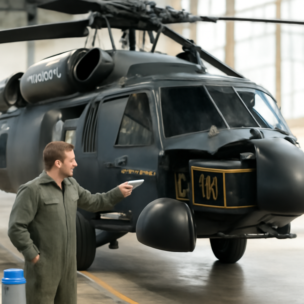 Technician inspects Sikorsky Black Hawk helicopter's nose section on tarmac.