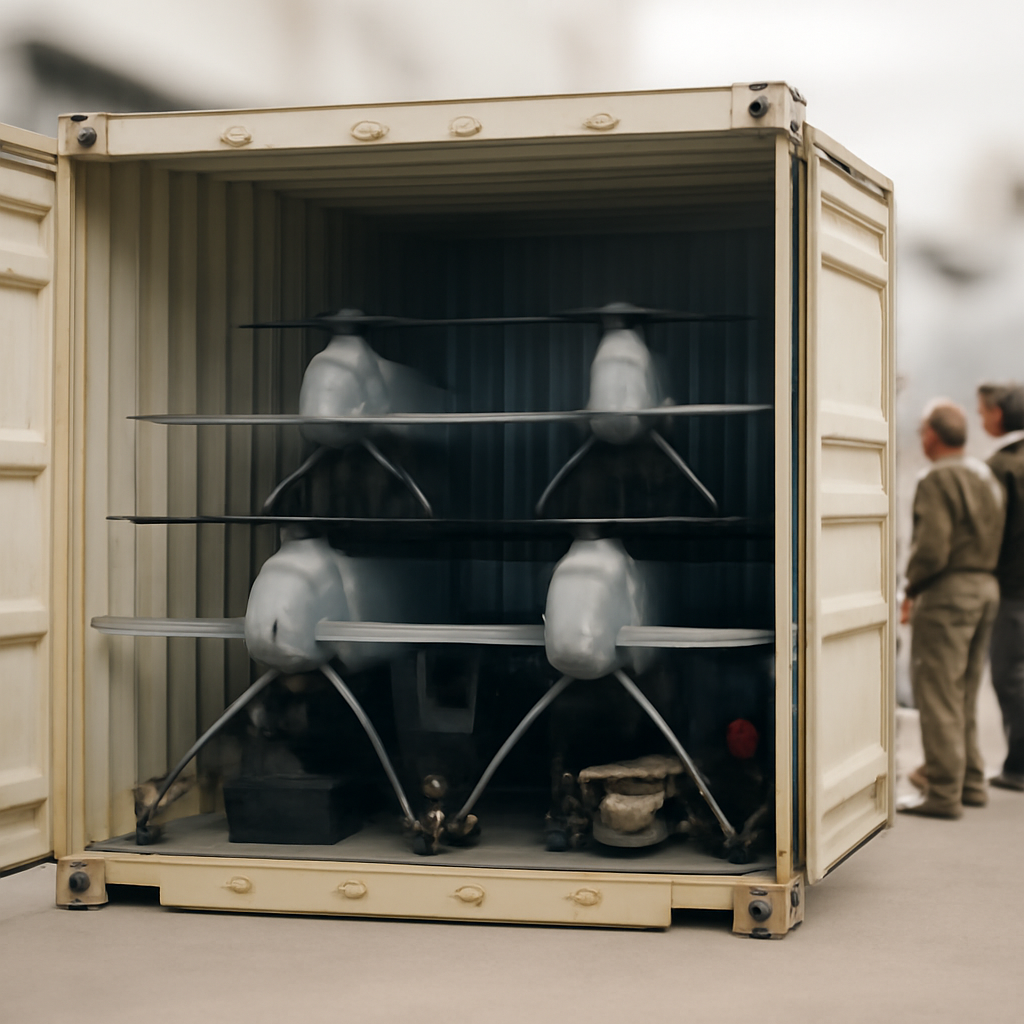 VTOL drones packed inside an open shipping container.