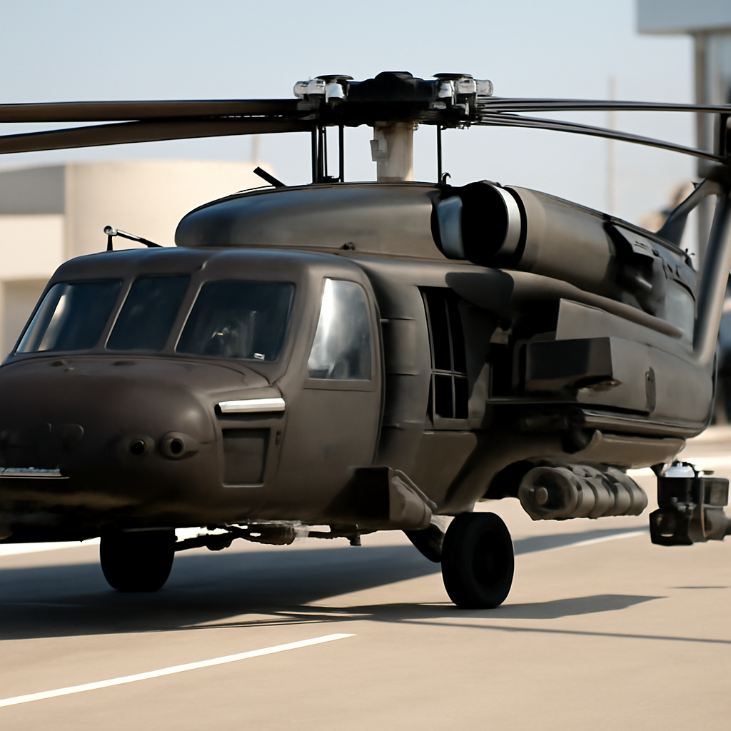 UH-60 Black Hawk helicopter with partial modular armed kit on sunlit tarmac.