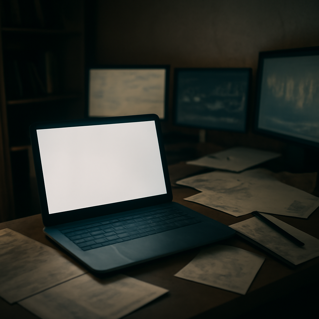Cluttered home office with laptop and scattered papers in dim light.