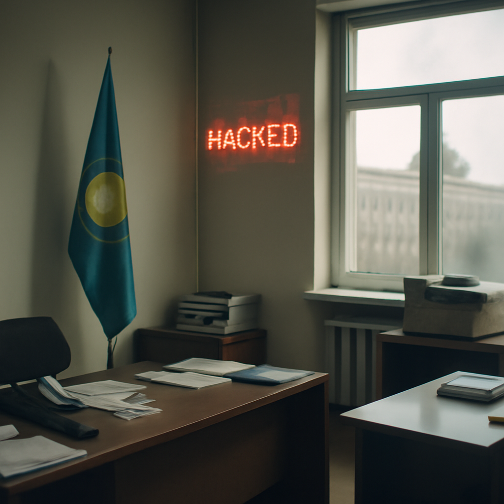 Government office interior with papers and modest furniture, hint of cyber threat in background.