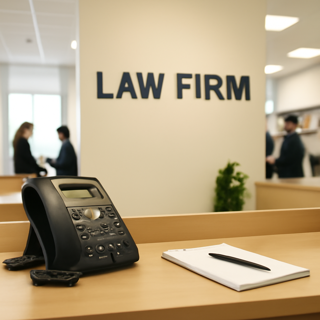 Law firm's reception desk with phone, notepad, and pen, and blurred office workers or files in the background.